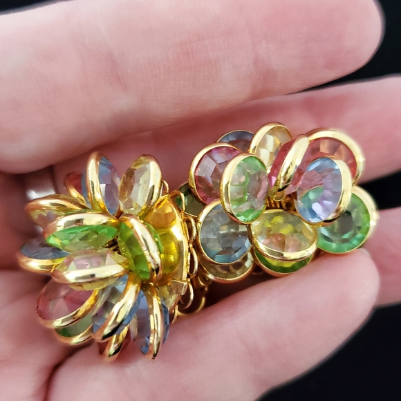 Vintage Pastel Crystal Cluster Earrings Uranium Glass Multi-layer - Picture 7 of 9